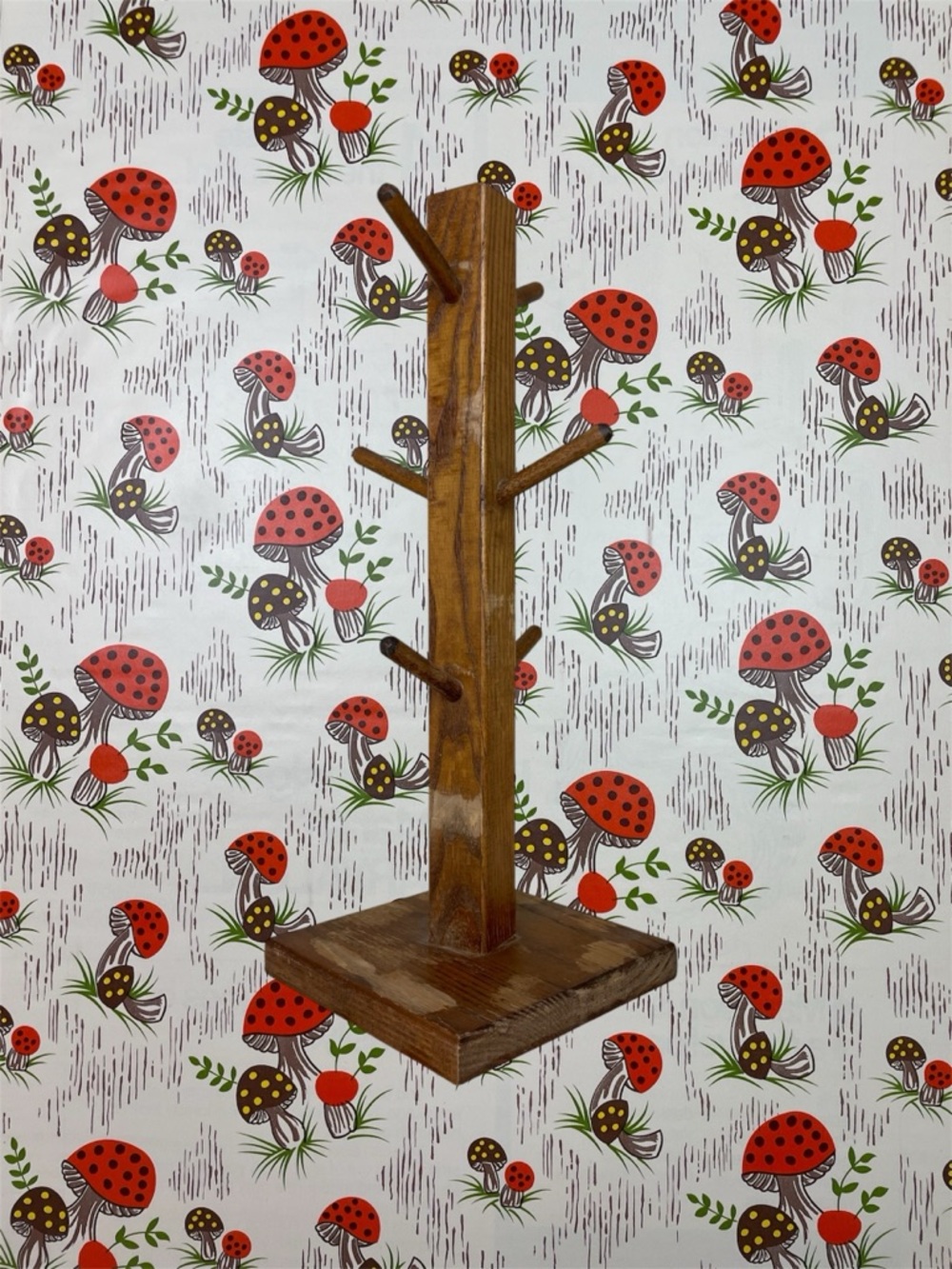 Vintage Wooden Coffee Cup Mug Tree Holder 6 Hooks
